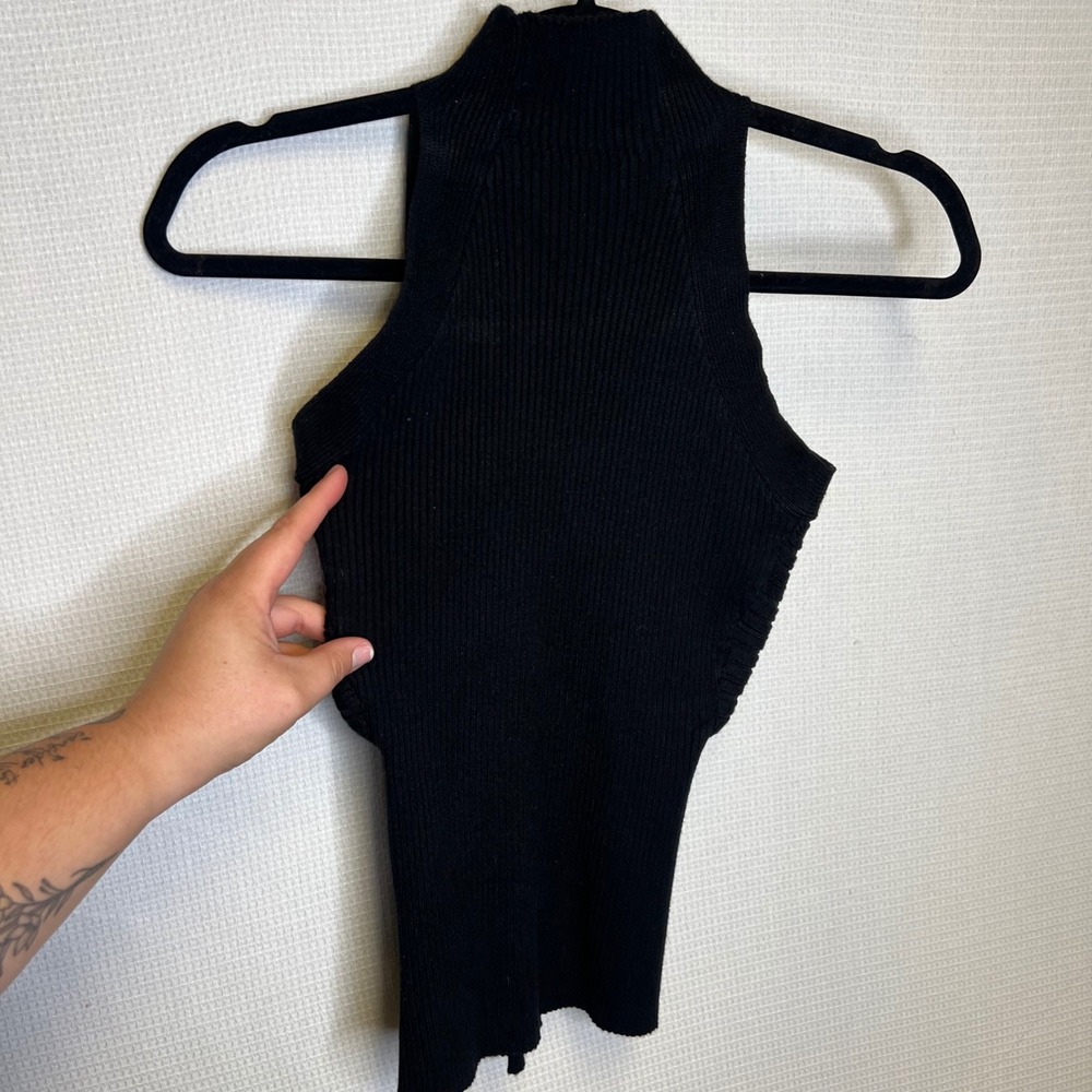 Commense Black Ribbed High Neck Twist Back Sleeveless Top S OA230523064